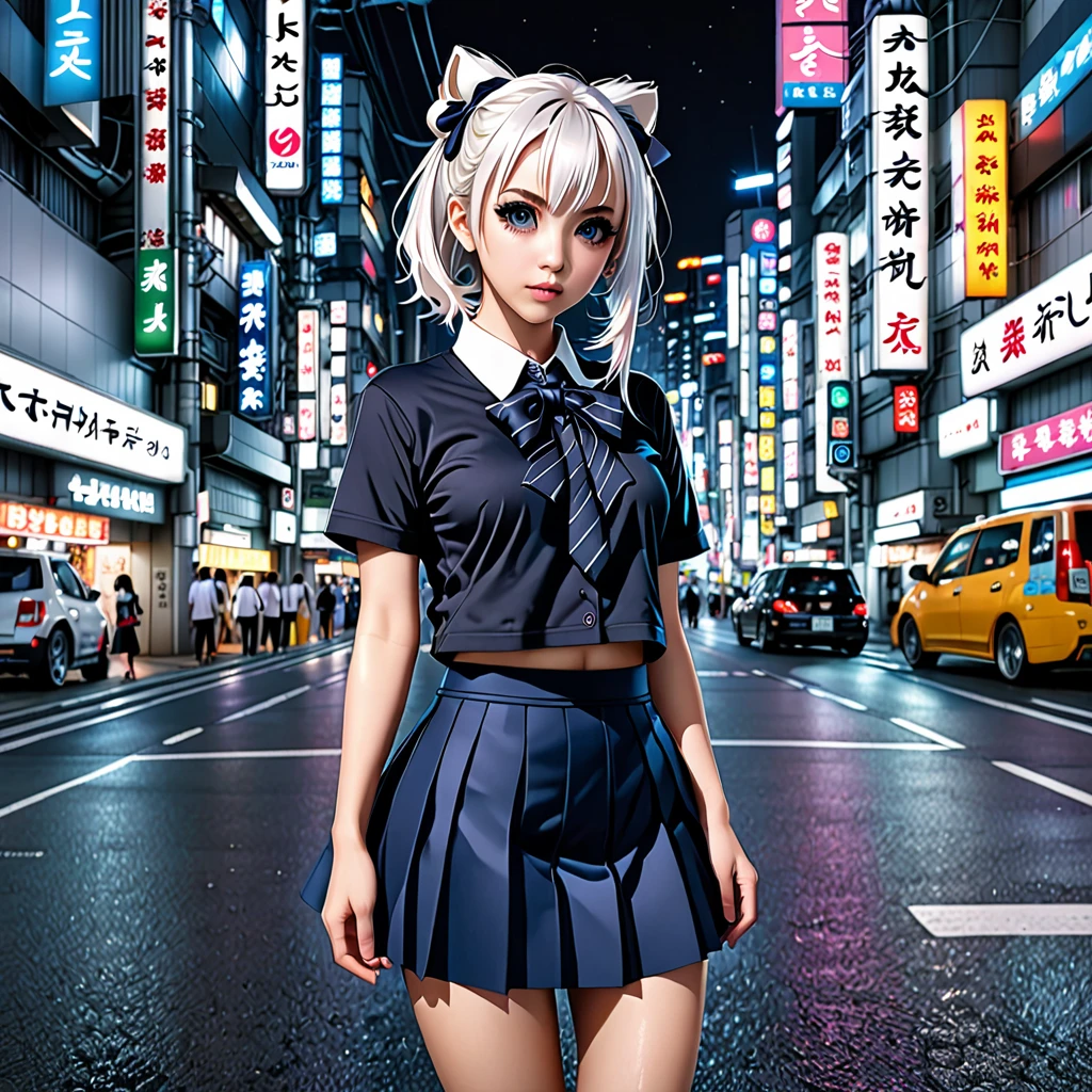 (8k, RAW photo, masterpiece:1.3), (realistic, photo-realistic:1.37), (night), (looking at viewer:1.331), (white hair), posing, Tokyo street, nightcityscape, cyberpunk city, soft light, 1girl, extremely beautiful face, bust, put down hands, Random hairstyle, Random expression, big eyes, lower abdomen, (short-sleeved .JK_shirt), JK_style, (dark blue JK_skirt), (bow JK_tie), mix4., best quality