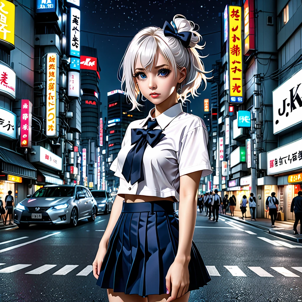 (8k, RAW photo, masterpiece:1.3), (realistic, photo-realistic:1.37), (night), (looking at viewer:1.331), (white hair), posing, Tokyo street, nightcityscape, cyberpunk city, soft light, 1girl, extremely beautiful face, bust, put down hands, Random hairstyle, Random expression, big eyes, lower abdomen, (short-sleeved .JK_shirt), JK_style, (dark blue JK_skirt), (bow JK_tie), mix4., best quality