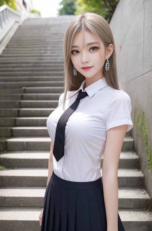 Grey Eyes, Korean , Summer Shirts, Ribbon tie, skirt, Light Blonde, School stairs, going down School stairs, Chest thrust pose, Breast-flaunting pose, 8K Raw Photos, High resolution, Cool Korean 16 year old, Very big round breasts, Beautiful eyes in every detail, Long eyelashes, Beautiful double eyelids, eye shadow, eyeliner, Narrow eyes, Elongated eye shape, Three white eyes, Wicked Smile, Evil look, Beautiful and slim legs, Beautiful and thin thighs, Random Medium Hair, Tie your hair behind your head, Earrings,
