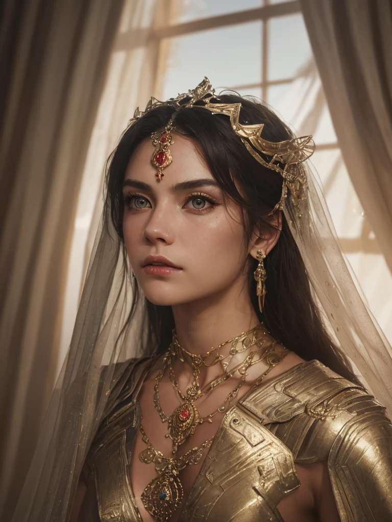 (Masterpiece), best quality, highest quality, highly detailed CG unity 8k wallpaper, original, high resolution, (depth of field: 1.5), fidelity: 1.3, warrior portrait style, 1 girl,warrior woman, curtains, solo, earrings,