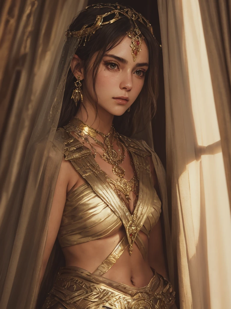 (Masterpiece), best quality, highest quality, highly detailed CG unity 8k wallpaper, original, high resolution, (depth of field: 1.5), fidelity: 1.3, warrior portrait style, 1 girl,warrior woman, curtains, solo, earrings,