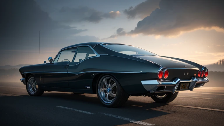 1960s luxury sedan, rear view, futuristic fantasy, epic sci-fi scene, intricate detailed design, glossy metallic body, glistening chrome accents, dramatic lighting, moody atmosphere, cinematic composition, photorealistic rendering, masterpiece, (best quality,8k,highres,masterpiece:1.2),ultra-detailed,(realistic,photorealistic,photo-realistic:1.37),cinematic lighting,dramatic shadows,volumetric fog,glowing energy field,gleaming chrome,aerodynamic body,intricate details,sleek and stylish