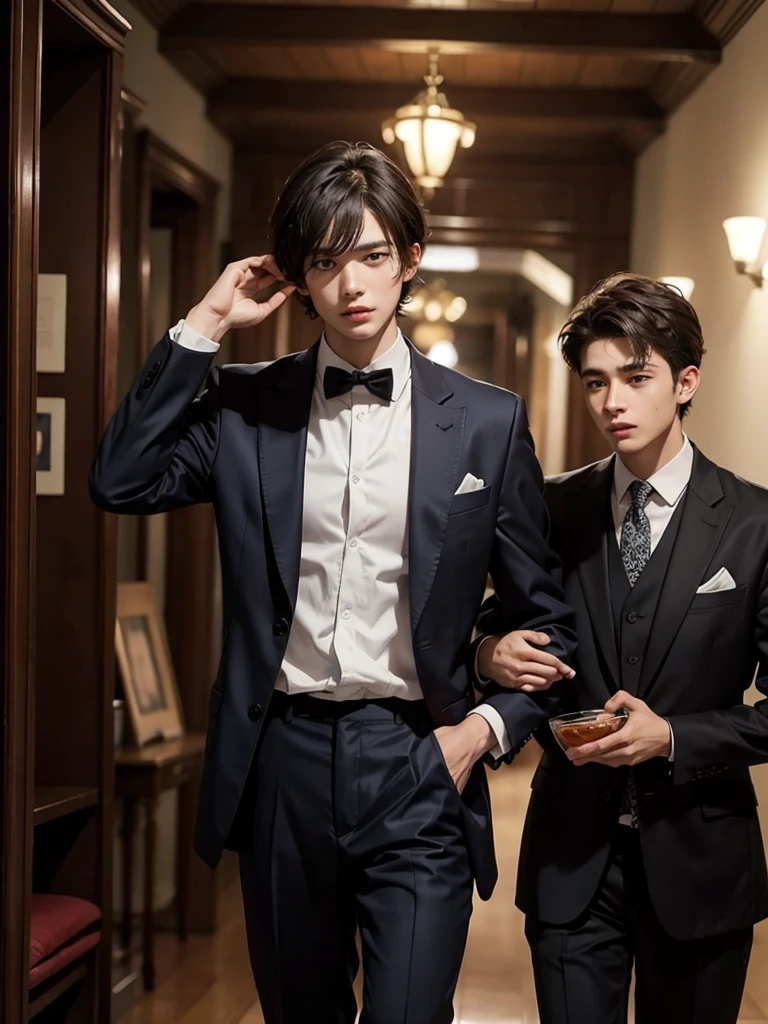 23years old、Men in Japan、1人、businessman、Standing with arms crossed、Confident face、Ultra-luxury suits、Striped suit、　s Office、Wearing a suit、twinks、（Highly detailed photos in 8K）、（Very detailed handsome man）、beautidful eyes、Photo Real、（top-quality）、ultra-detailliert、​masterpiece、An ultra-high picture quality、tall、Very beautiful hair、Bright photo、modeled、idol、luxury watch、