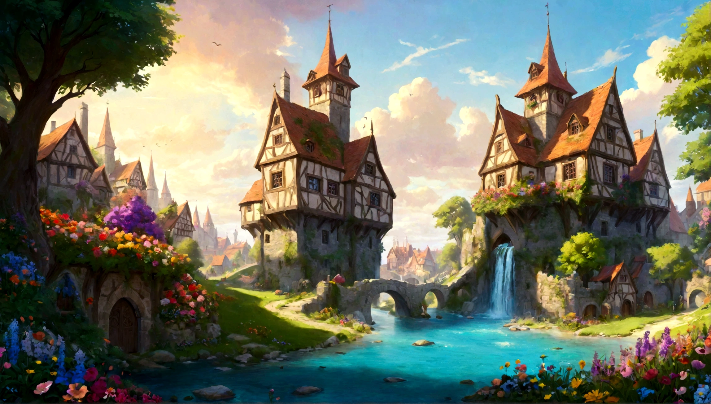 flowery glade, flowery glade city, many flowers, huge flowers, ((flower glade)), city in flowery glade, fairytale city, magical city, medieval city, medieval houses