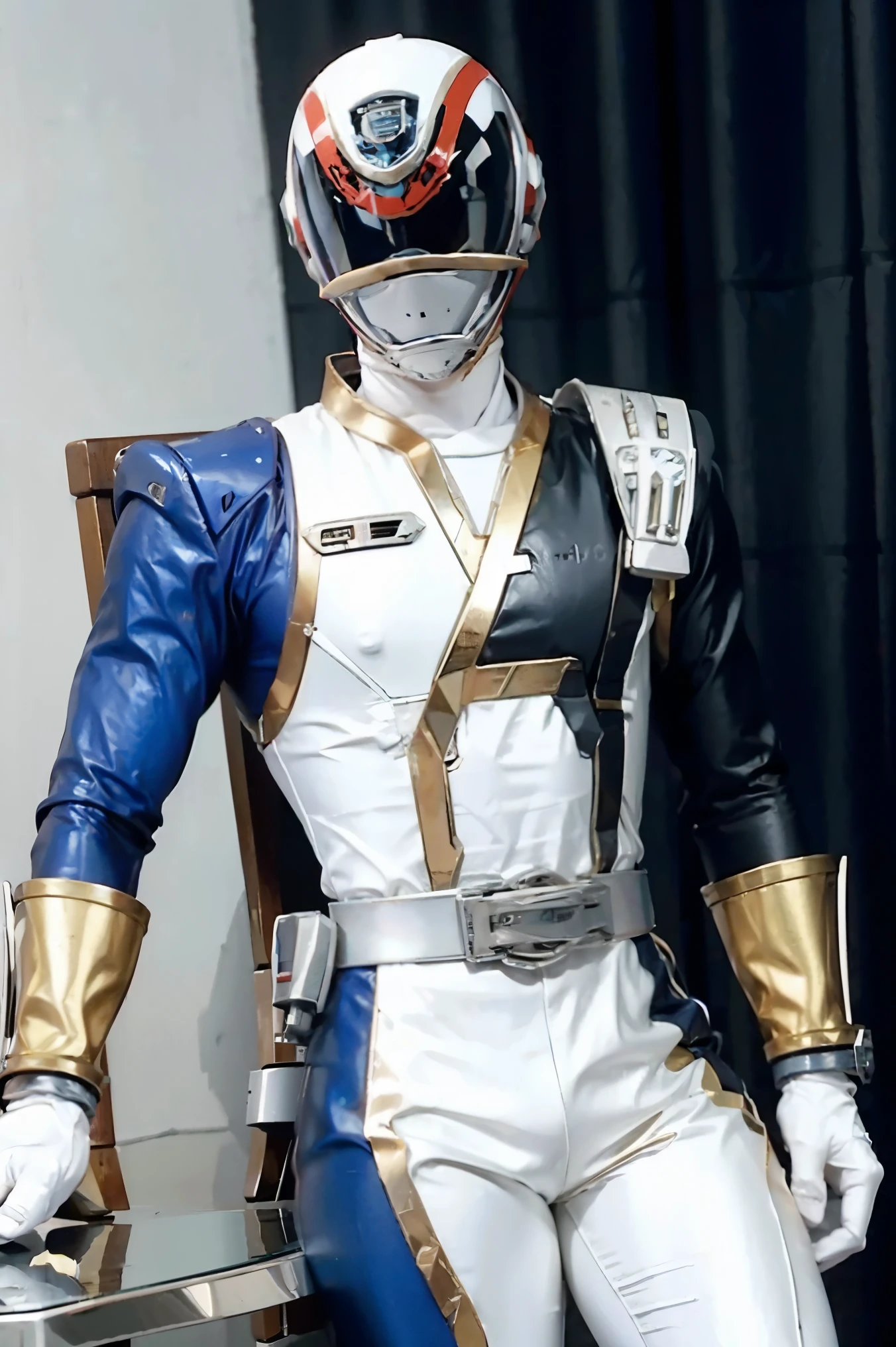 Fantasy background, cafe rpg style, empty chair, table, set of tea glass, (power rangers)), One guy、, ((white ranger suit)), red and blue chest armor with gold details, costume, Solo, ((fit figure)), (Anatomically correct), Cowboy shot, masked face, guns, muscular build