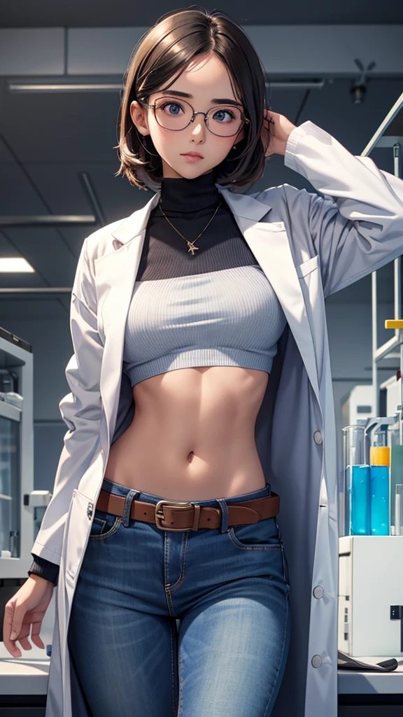 Girl in Laboratory, Turtle-neck, lab coat, showing navel, belt, Exposing the abdomen below the navel, well-dressed, glasses, blue jean, laboratory