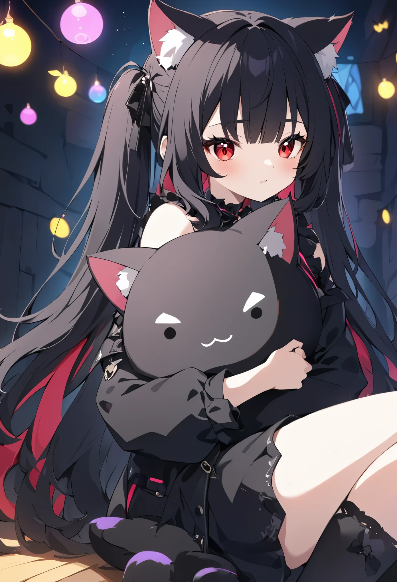 (neocruz con ropa de vestir con camisa negra color negro con toques dorados), , con ,((1chica junkotvvxl long hair slightly wavy slightly past the shoulders, black bangs, small black pigtails on the sides, cute cat ears, beautiful thin red eyes, su ropa estilo gotico, color negro su ropa con falda hermosas piernas con lindos muslos)), (impacto genshin) (Jugando videojuegos juntos), hugging. (un fondo de un cuarto gamer con luces neon)