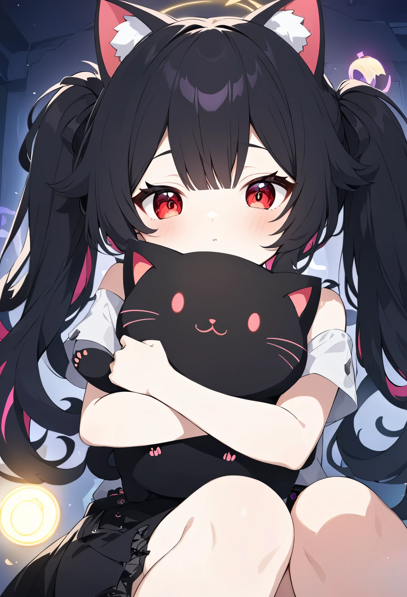 (neocruz con ropa de vestir con camisa negra color negro con toques dorados), , con ,((1chica junkotvvxl long hair slightly wavy slightly past the shoulders, black bangs, small black pigtails on the sides, cute cat ears, beautiful thin red eyes, su ropa estilo gotico, color negro su ropa con falda hermosas piernas con lindos muslos)), (impacto genshin) (Jugando videojuegos juntos), hugging. (un fondo de un cuarto gamer con luces neon)