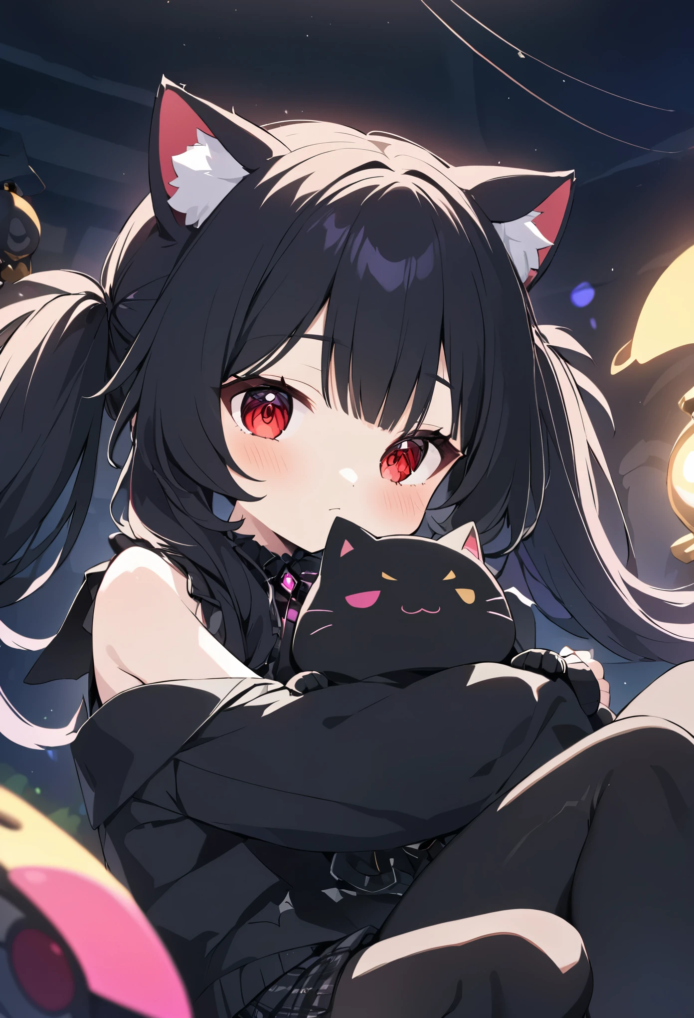 (neocruz con ropa de vestir con camisa negra color negro con toques dorados), , con ,((1chica junkotvvxl long hair slightly wavy slightly past the shoulders, black bangs, small black pigtails on the sides, cute cat ears, beautiful thin red eyes, su ropa estilo gotico, color negro su ropa con falda hermosas piernas con lindos muslos)), (impacto genshin) (Jugando videojuegos juntos), hugging. (un fondo de un cuarto gamer con luces neon)