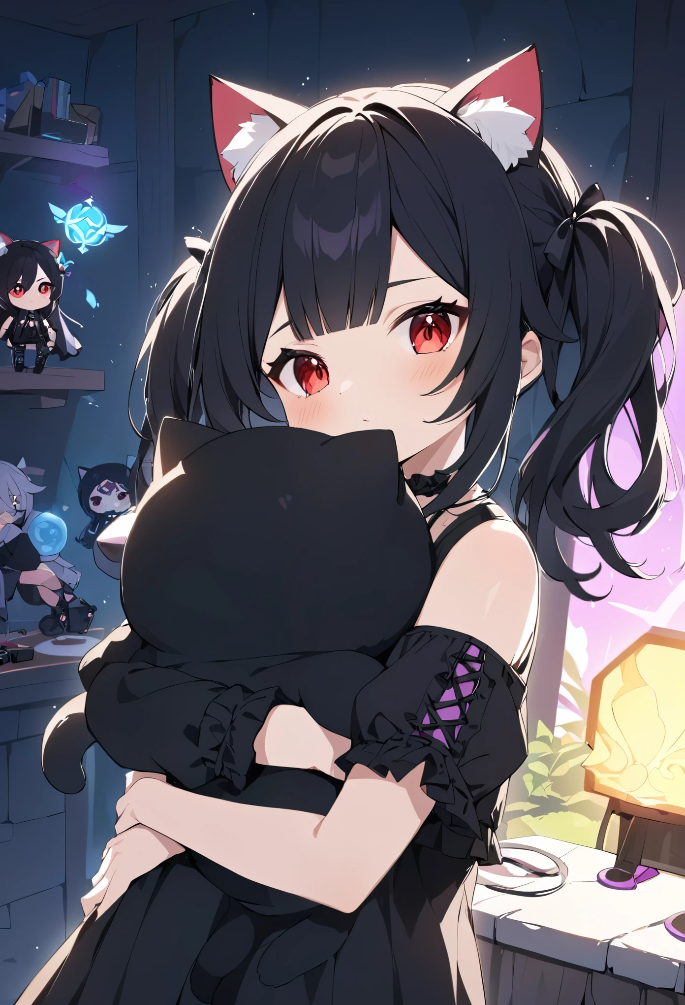 (neocruz con ropa de vestir con camisa negra color negro con toques dorados), , con ,((1chica junkotvvxl long hair slightly wavy slightly past the shoulders, black bangs, small black pigtails on the sides, cute cat ears, beautiful thin red eyes, su ropa estilo gotico, color negro su ropa con falda hermosas piernas con lindos muslos)), (impacto genshin) (Jugando videojuegos juntos), hugging. (un fondo de un cuarto gamer con luces neon)