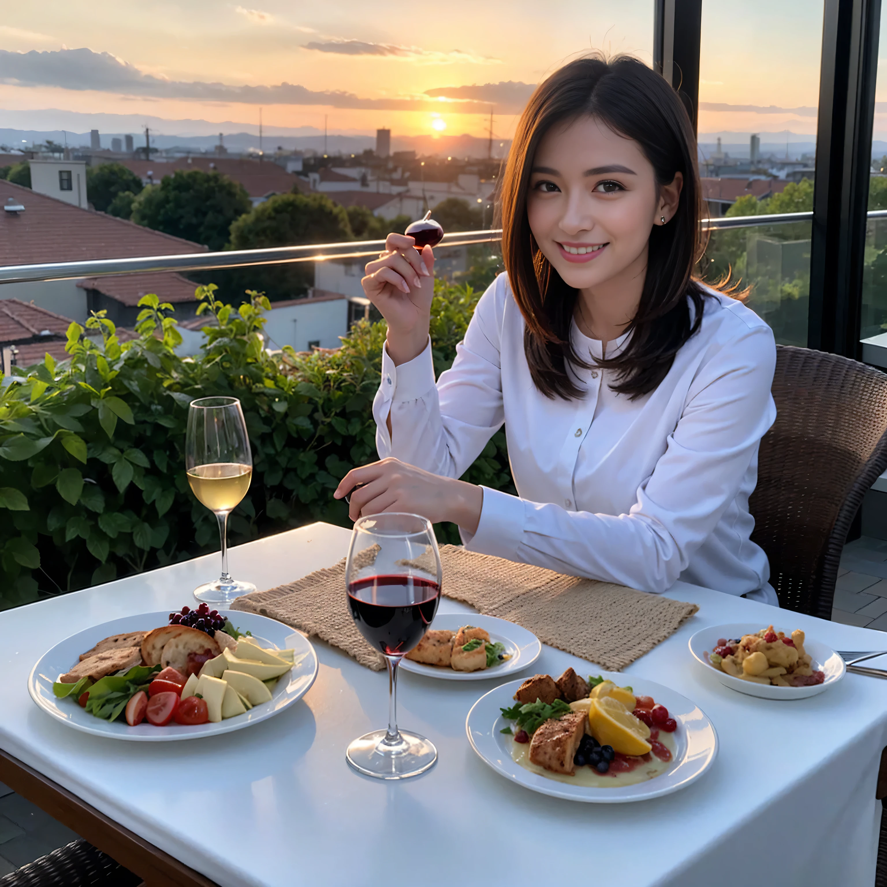 ((highest quality、8k、masterpiece:1.3))、1 male 1 female、lover、Beautiful couple、smile、full-course dinner、 (Slim face), (the body is スリム), (Brown Hair), (Short Hair), Wine glass on the table、Please put light on my face、 Amazing view of the sunset sky and clouds、 (Age 42), 39 years old, red wine 、Appetizers、Wine bottle、sparkling wine、Long sleeve shirt、dress、White wine, red wine, wine glass,