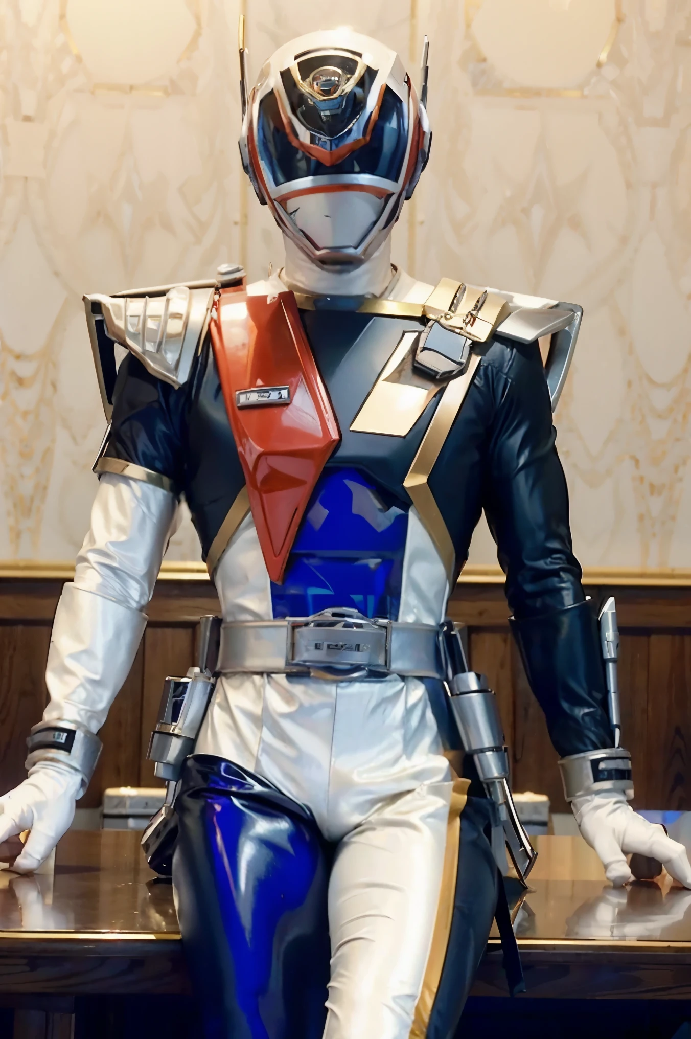 Fantasy background, cafe rpg style, empty chair, table, set of tea glass, (power rangers)), One guy、, ((white ranger suit)), red and blue chest armor with gold details, costume, Solo, ((fit figure)), (Anatomically correct), Cowboy shot, masked face, guns, muscular build