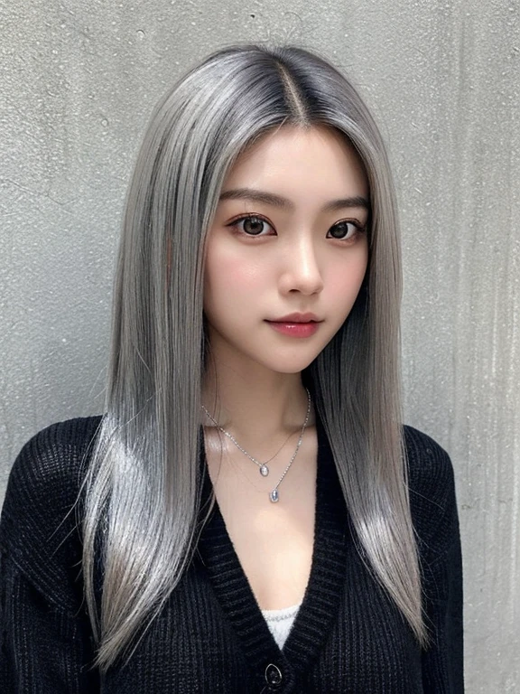 (Very realistic photos, concentrated、High resolution, Detailed face, Detailed Hair,Fine grain), ((Wall background))、Japanese women, 20-year-old, Various expressions, Upper Body、alone:1, Slim figure,((Wearing a black cardigan))、Only one person is in the photo、Simple Necklace、(Medium Hair)((silver inner hair:1.2))