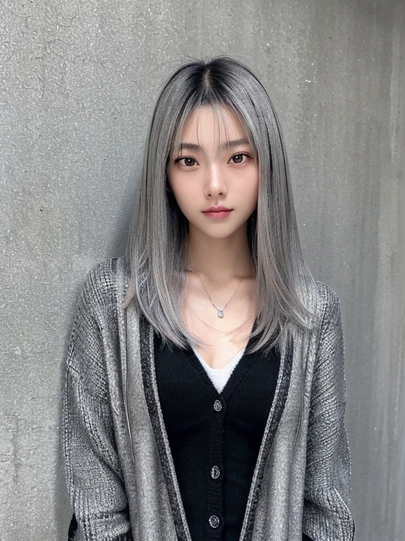 (Very realistic photos, concentrated、High resolution, Detailed face, Detailed Hair,Fine grain), ((Wall background))、Japanese women, 20-year-old, Various expressions, Upper Body、alone:1, Slim figure,((Wearing a black cardigan))、Only one person is in the photo、Simple Necklace、(Medium Hair)((silver inner hair:1.2))