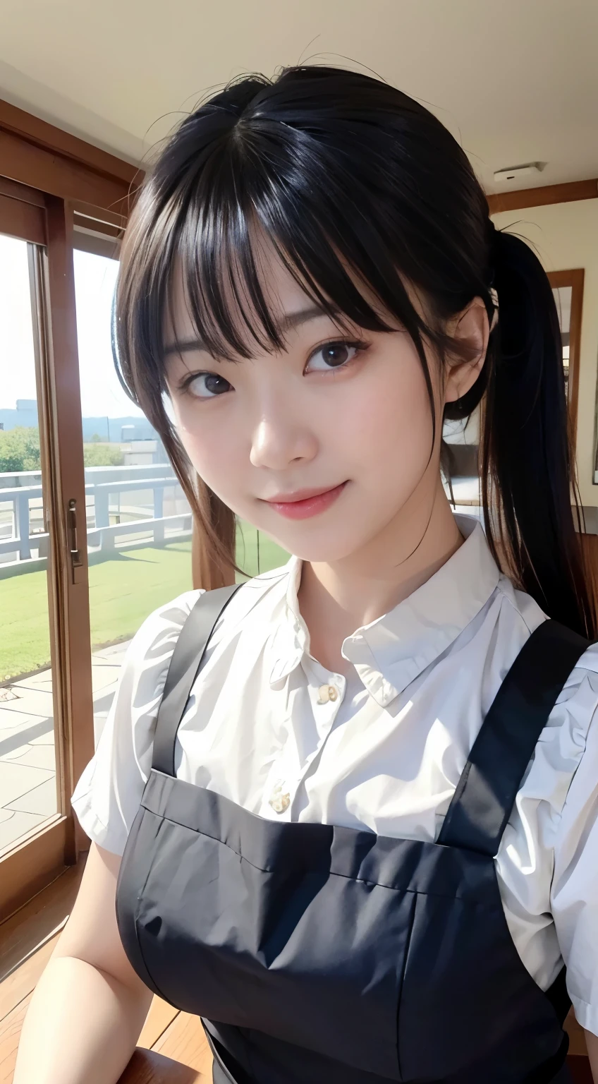 (highest quality,masterpiece:1.3,Ultra-high resolution,),(Very detailed,Caustics),(Realistic:1.4,RAW shooting,)Ultra-Realistic Capture,Very detailed,High resolution 16K human skin closeup。 Natural skin texture、,pores、、、、It must be detailed enough to be easily identifiable。 Skin tone is even and healthy looking。 Use natural light and color,restaurant,Waitress Uniform,1 girl,Japanese,18-year-old,cute,Black-haired,ponytail,Big Breasts,smile,Turn your body forward,(Front view:1.1),Looking into the camera,Cowboy Shot,