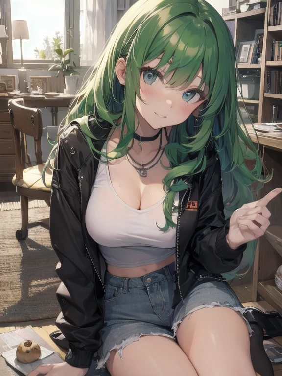 最high quality、best image quality、masterpiece、girl((20-year-old、 By becoming、vest bust、medium bust,wide open breast tea、shining eyes, neon hair、long hair、thin,highest valley、Damaged Denim Shorts、black navel shirt、Damaged Denim Jacket、smile、full body tattoo,diamond earrings、Wristband、necklace、I have headphones、leaning forward、elation、have a controller、lean against the wall)),high quality、beautiful art、background((game room、red lighting、green lighting、virtual))、Flight、debris flies、Depth of written boundary、movie、visual art、perfect art、8k,genuine、