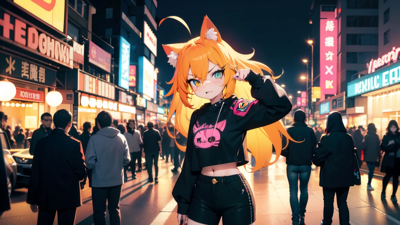 "As the sun sets on the city, the streets come alive with the vibrant glow of neon lights. Among the flashing signs and bustling crowds, a figure stands out in its unique costume - a mix of kawaii and punk elements, with a touch of emo darkness. This is the embodiment of the night, a fierce and stylish creature known as Meowscarada."