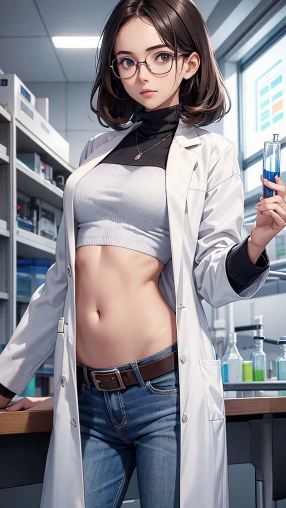 Girl in Laboratory, Turtle-neck, lab coat, showing navel, belt, Exposing the abdomen below the navel, well-dressed, glasses, blue jean, laboratory
, ID Card