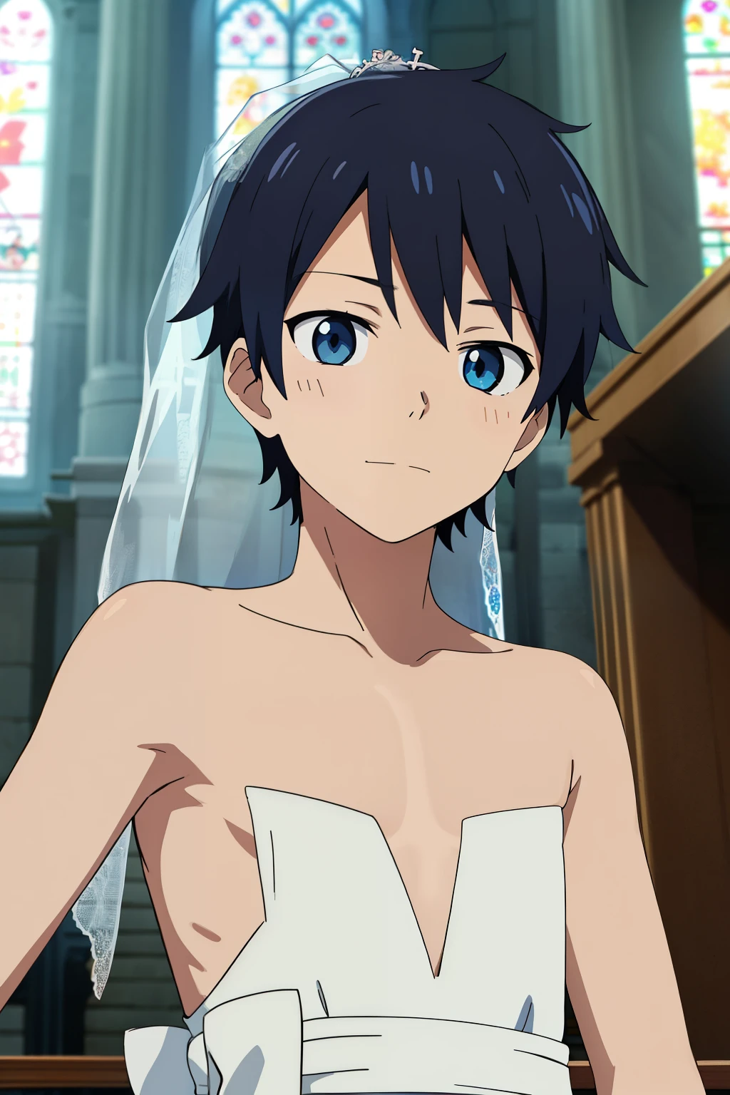 Anime style, Highres, Masterpiece, Best quality at best,High-quality illustrations, Best Quality,hight quality, hight detailed, Depth field, Anime screencap style, 1boy, Boy, Shota, Solo person, Inside a church, Style of wedd00ing, cute face, adorable boy, Handsome boy, Cheerful boy, Strapless dress, Body, Seen from front, boy focus, Uhd, 4k