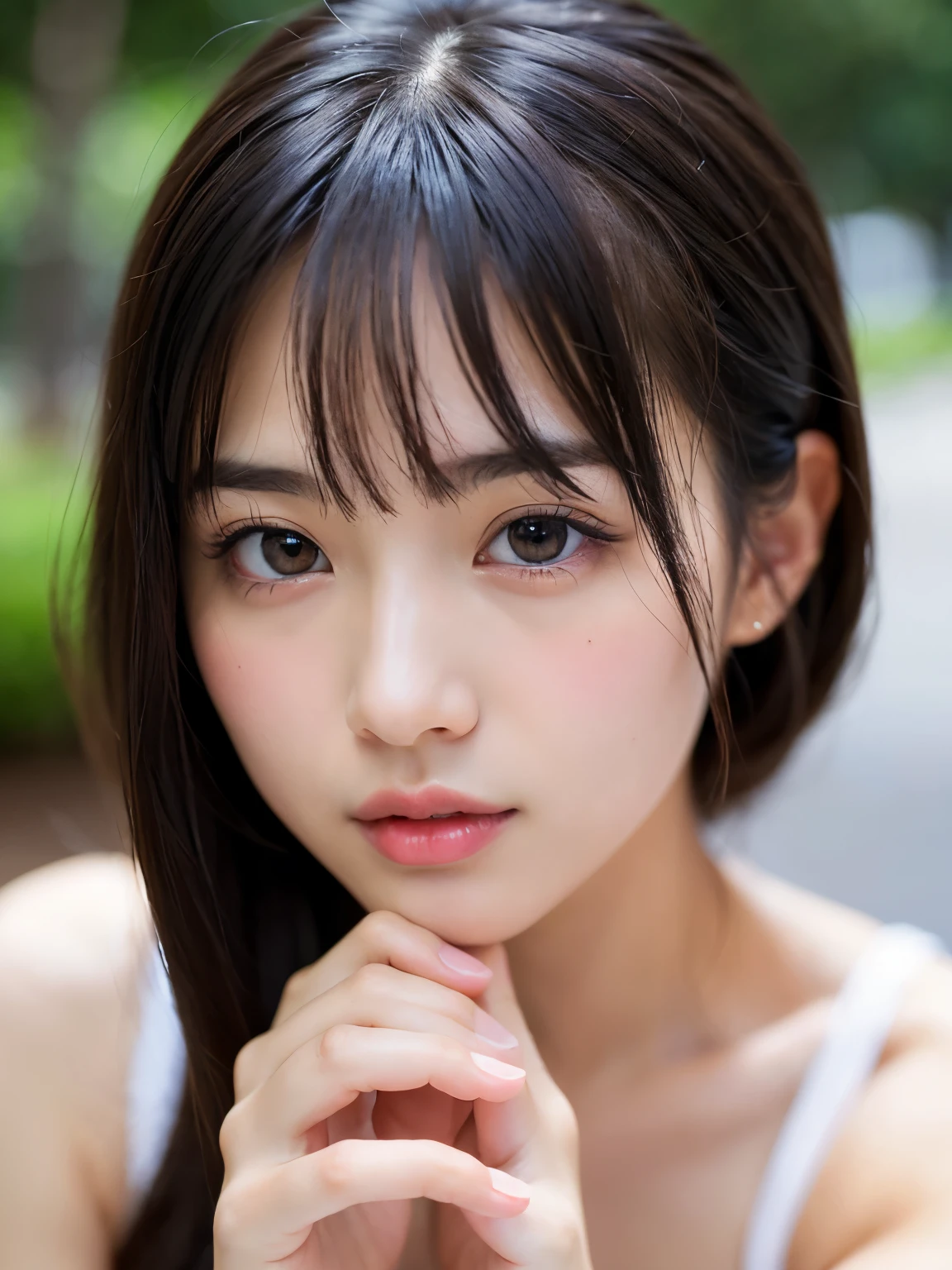 (Best-quality, Masterpiece, Ultra-High-Resolution, (Photorealistic:1.4), Raw Photo, depth of field, professional lighting, perfect anatomy, extremely details), 1girl, the most famous Japanese idol, portrait, (extremely cute face like the most popular Japanese idol, (extremely cute and extremely realistic big-black-eyes), extremely cute black-hair), extremely cute long-eyelashes, extremely cute lips, (((extremely beautiful and extremely realistic skins))), ((((feeling the most strong sexual arousals))))