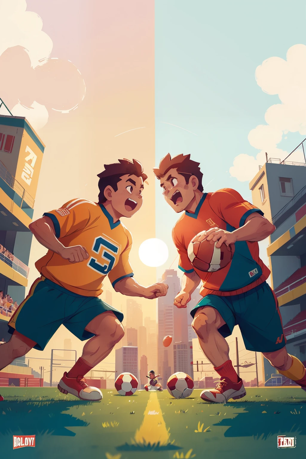 A middle-aged duo, engaged in an energetic game of football, are depicted in a vibrant color block illustration, echoing the colors of their team jerseys. The large perspective hand-painted poster captures their determination and camaraderie, set against a cool backdrop of a serene cityscape at sunset. The colorful art style adds an impactful element, making the scene come alive with the setting sun illuminating their sweat-drenched faces and the contrasting colors of their team uniforms. The illustration, rendered in high resolution, showcases every detail of their dynamic movements and the passion they bring to the game.