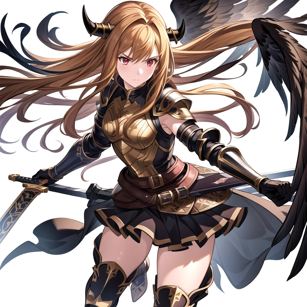 Threatened, (((One girl))),One girl, alone, Long Hair, arms, wing, Black background, sword, Knee socks, Holding, armor, skirt, hair ornaments, gloves, boots, horn, feathered wing, Holding arms, feather, Two-Way, black skirt, Red eyes, black gloves, Blonde Hair, whole body, belt, Exposing shoulders, thigh boots, Brown Hair, Holding sword, elbow gloves, Gauntlet, [(White Background:1.5),::5] (Isoscale:1.0), Double Exposure, bubble,
Mid Shot, whole body,masterpiece, highest quality,(colorful),(Beautifully detailed eyes and face),Cinema Lighting,Highly detailed CG Unity 8k wallpaper