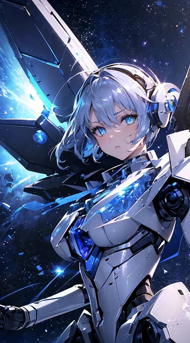 ((masterpiece)), ((highest quality)), (Ultra-high resolution), Ultra-fine illustrations, Highly detailed face, RAW Photos, Professional, Ultra-fine painting, Detailed metal texture, Detailed cloth texture, sexy, Genuine, (alone), ((Woman wearing Mecha Angel)), Beautiful breasts, Concept Art, (Combat pose), Detailed fantasy art, (Silver Hair), ((Has large sapphire blue mecha wings)), (Beautiful eyes in every detail:1.6), (robot: 1.6) Sleek and intimidating design, (Action pose), (Pearl white and sapphire blue Hi-ν Gundam Marshall Armor Dress), Starry Sky, Perfect Anatomy