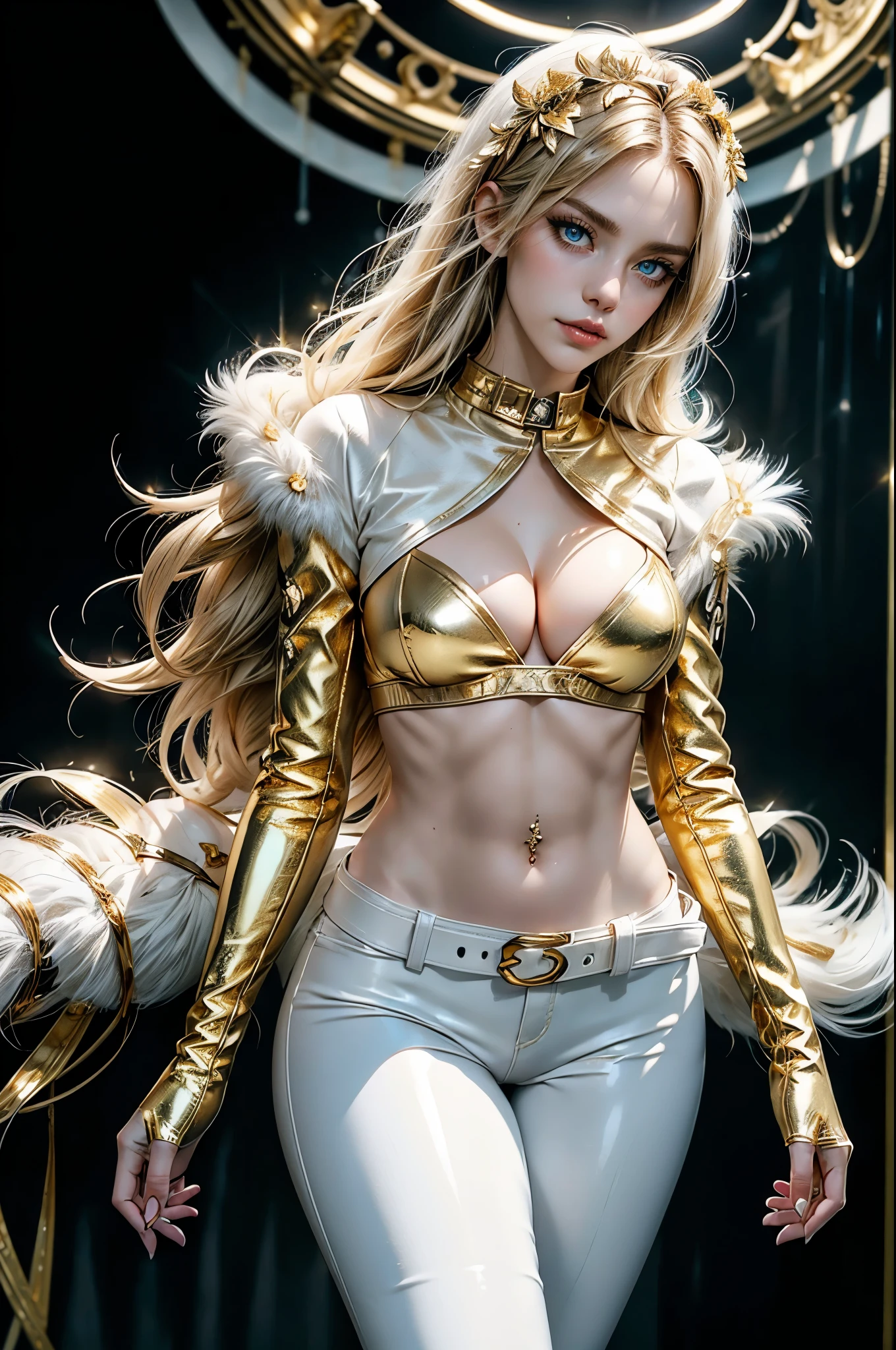 (Detailed illustrations, Very detailed and detailed drawing, Delicate lines with slow and rapid, Realistic texture expression), One woman with wild long golden blond hair, innocent smile, sexy, (indoor apartment background), lore_Emma , blue eyes , dark eyeliner, gorgeous face , super cute, 18 years old , hyper detailed face, dark eyeliner, (super skinny figure , large breast, thin waist), slim legs, slim hips, fit, punk, super high quality leather, (white wet look shiny vinyl leggings with gold flower decoration), (tight white wet look shiny vinyl jacket with short sleeves and golden fur), (white wet look shiny vinyl bra), (white wet look shiny vinyl fingerless gloves), (white wet look shiny vinyl boots), (((multiple gold metal belts))), (((gold navel piercing))), (gold collar), bare midriff, (bare chest), sexy abs, ((cleavage)), ((cocky pose))