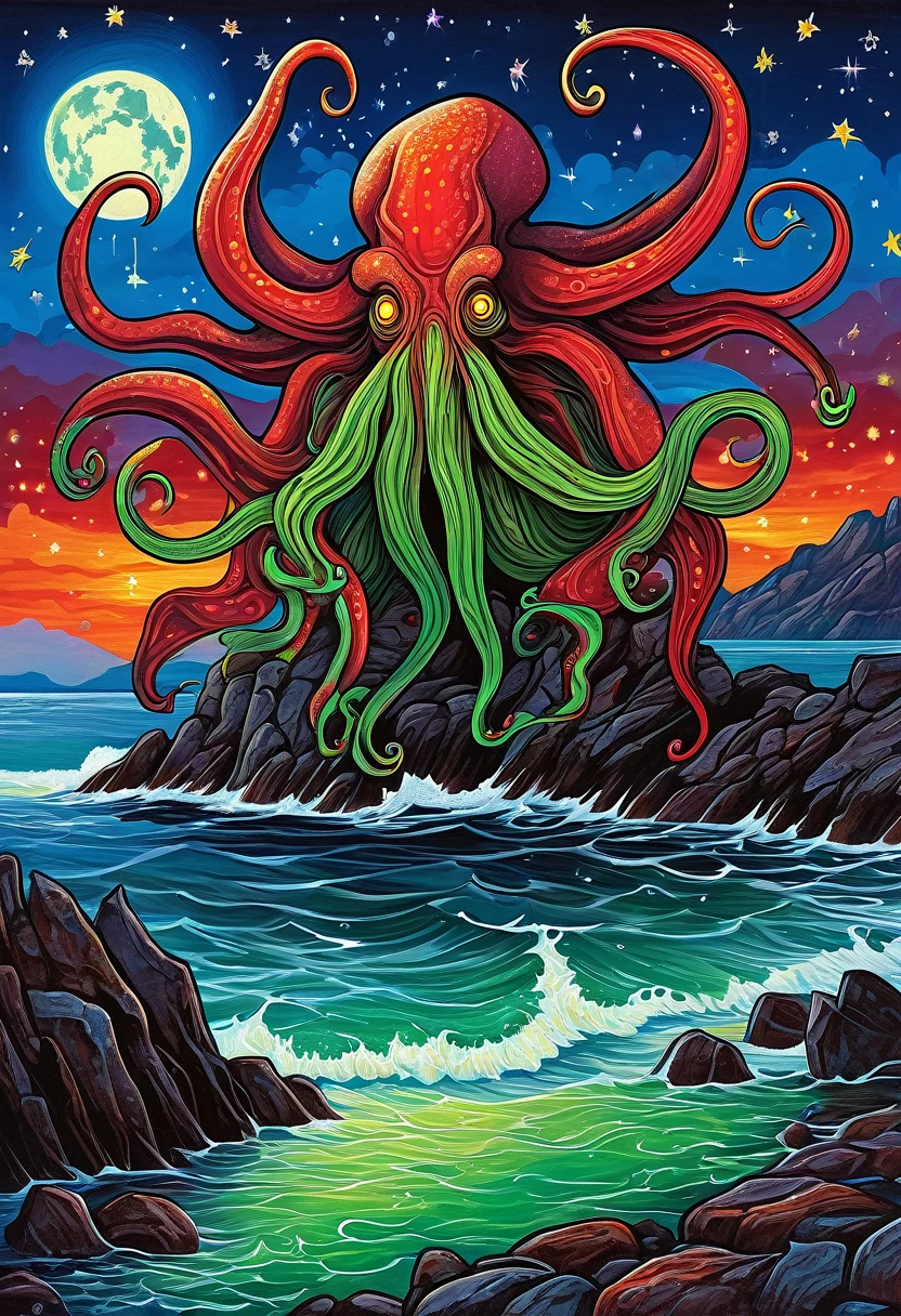Cthulhu illuminated by moonlight on a rocky shore, Russian khohloma, dream under the summer starry sky, Russian paraphernalia, from the shoulder, Very colorful,
Best Improvisation, ((Mordecai-Ardon style!)), ((perfect full body detail)), magic naive art, primitivism, protogen, crimson/liliac
, ((best quality, Masterpiece)), ((Highest detail)), RAW:1,1, 8k