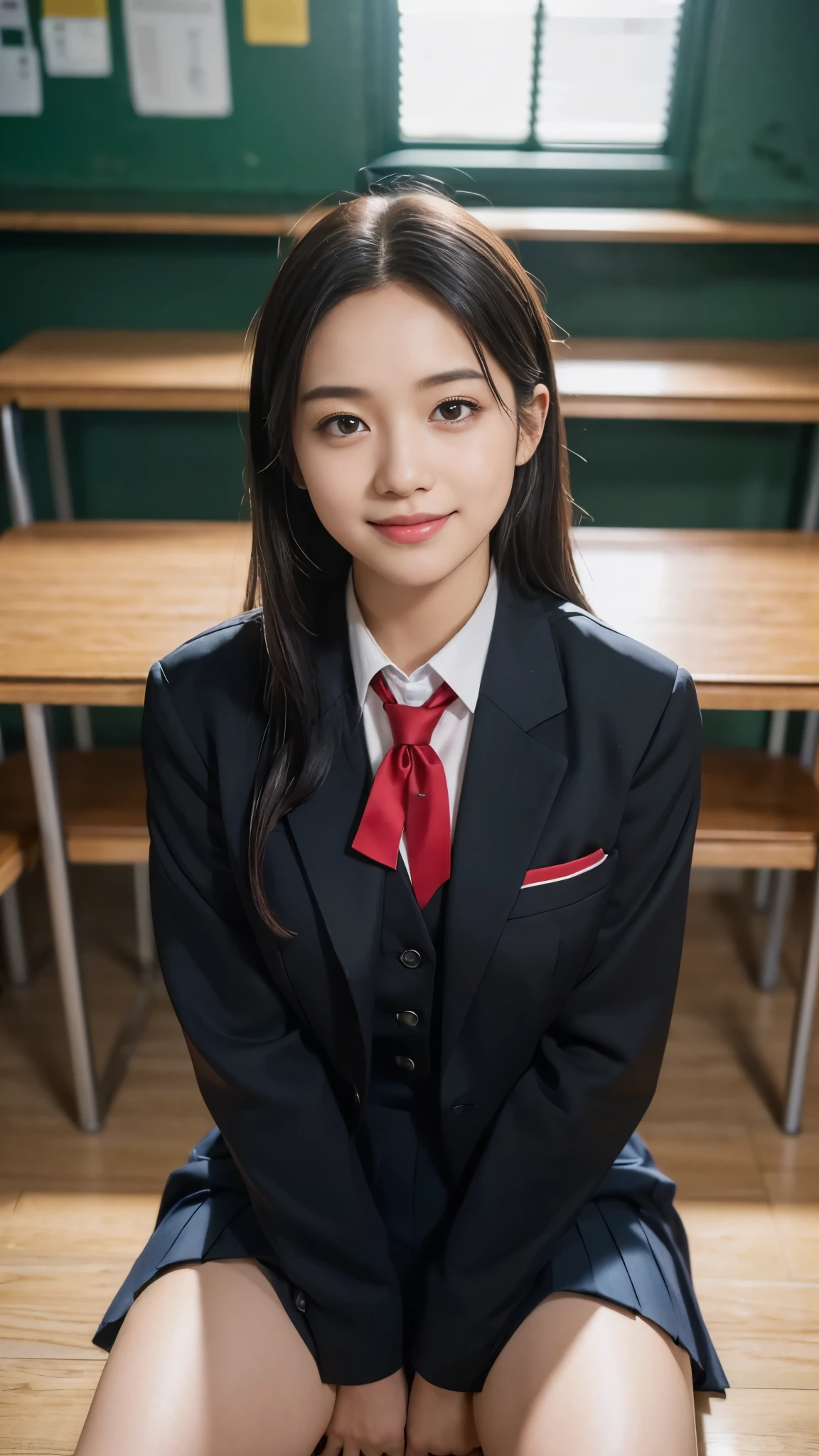 (dramatic angle)(school uniform)Mix 4,ultra detail (8k, RAW Photos, 最high quality, masterpiece: 1.45), (Realistic, Photorealistic: 1.37), (Ultra high definition)(Textured skin)(Very detailed)(high quality)(最high quality)(First Person View)Beauty Women,Sitting,smile