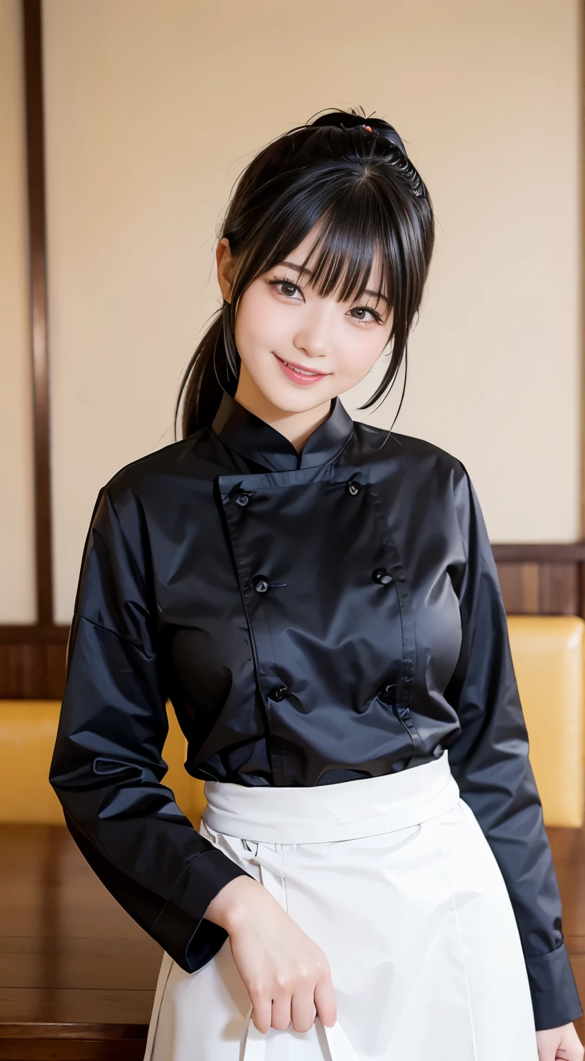 (highest quality,masterpiece:1.3,Ultra-high resolution,),(Very detailed,Caustics),(Realistic:1.4,RAW shooting,)Ultra-Realistic Capture,Very detailed,High resolution 16K human skin closeup。 Natural skin texture、,pores、、、、It must be detailed enough to be easily identifiable。 Skin tone is even and healthy looking。 Use natural light and color,restaurant,Waitress Uniform,1 girl,Japanese,18-year-old,cute,Black-haired,ponytail,Big Breasts,smile,Turn your body forward,(Front view:1.1),Looking into the camera,Cowboy Shot,
