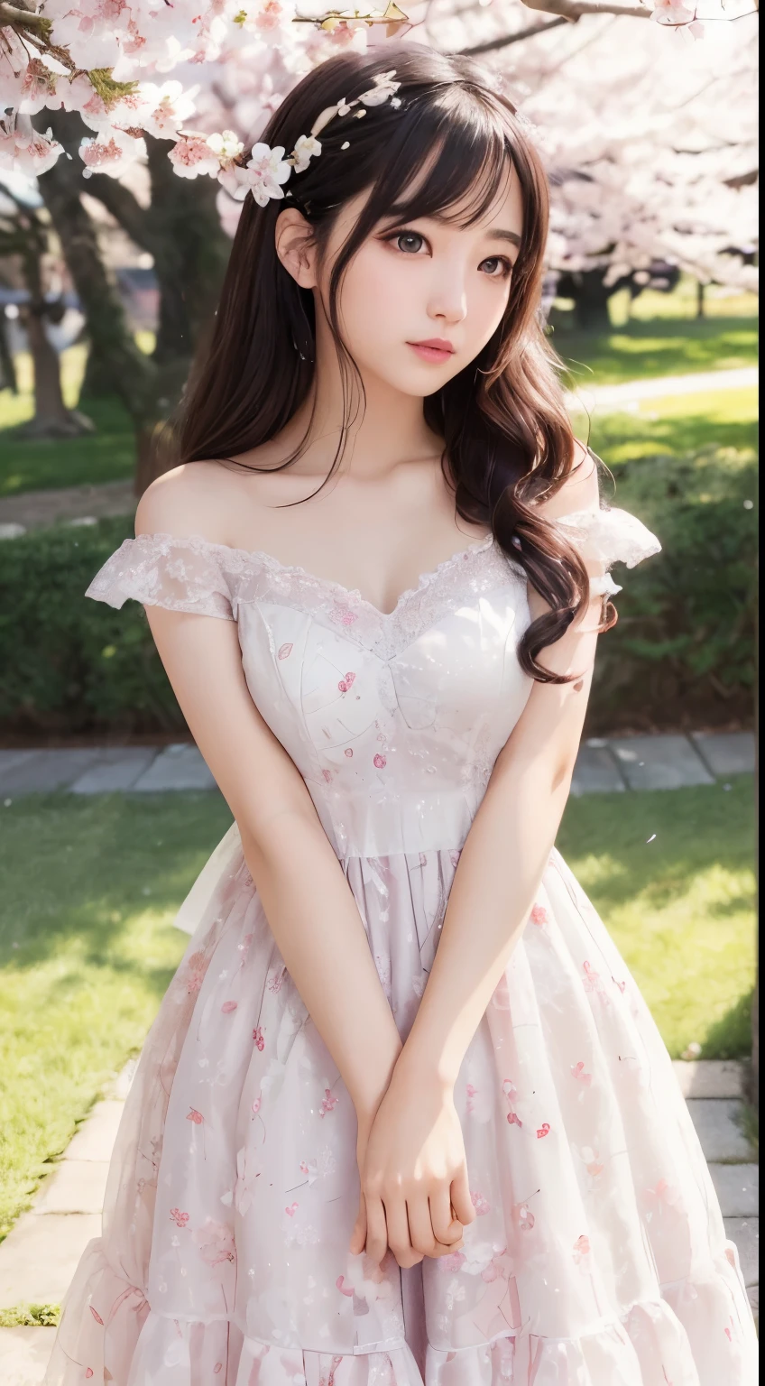 (logo、masterpiece、8k、Tabletop、RAW Photos、wonderful、最high quality、フォトリアリスティックでVery detailedな CG 統合 8k 壁紙、high quality、Very detailed、Narrative poem、Particle Effects、Dynamic Effects、Written boundary depth、Cinematic Light、Lens flare、Ray Tracing)、Fantasy、 (1 Beauty、dress、dress、Cherry blossom pattern、Black-haired、Beautiful Face、True Face、Beautiful details、eye、Beautiful Skin)、髪がWindで踊る、Hair flutters in Wind、Hair bounces、Pink cherry blossom tree、Petals flutter、SakuraFubuki、wonderful景色、Morning Glow、Sun in the background、Wind、