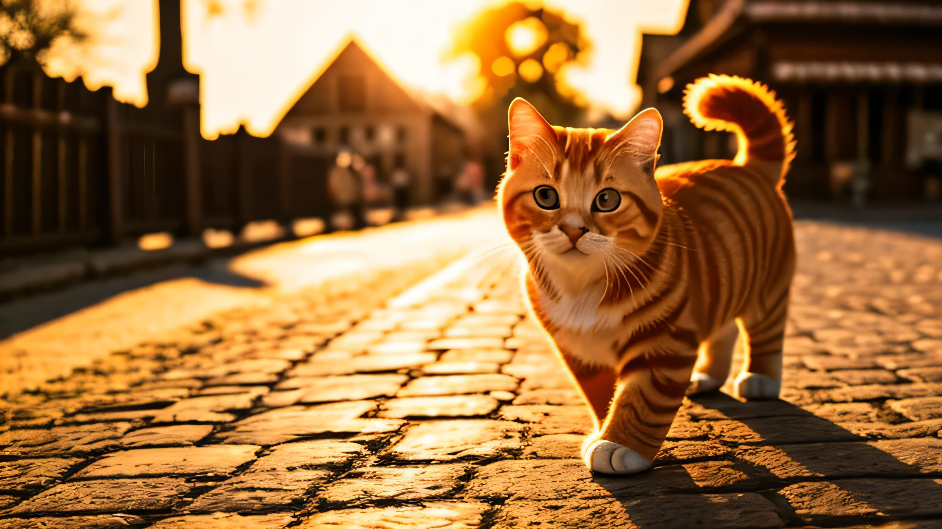 realistic photo of one chubby orange tabby cat, marching in old village, cute, 4k, analog film grain, extremely detailed eyes, antique marbles, golden hour, cinematic lighting