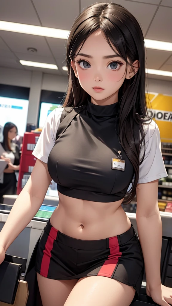 Women in crop top retail staff uniform, showing navel