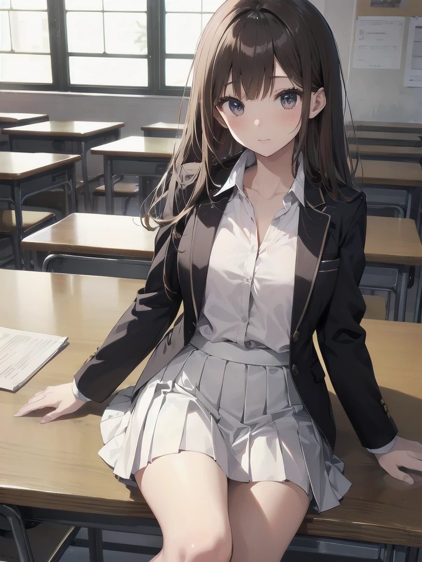 In one girl、fun、High school blazer with popular design、shirt、pleated skirt、white skirt、（small breasts）sonrojada en clase brown hair
