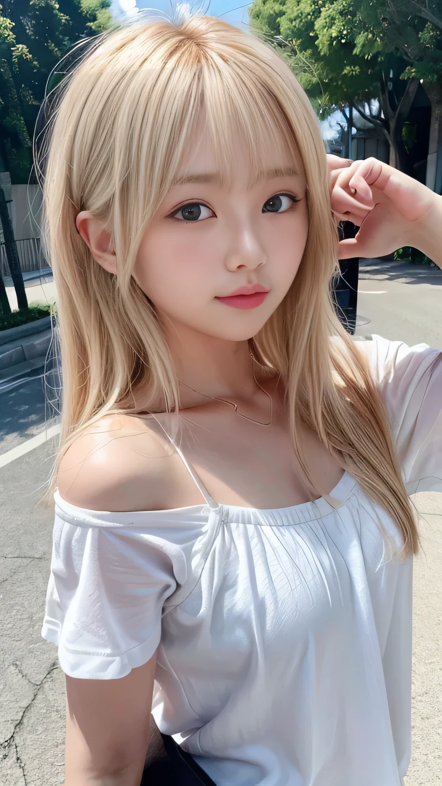 Sunburn marks on tanned skin、Bright blonde hair,A cute 20-year-old girl with a cute look, A strong wind blows my hair in front of my face、beautiful short blonde hair、beautiful, Cute eyes hidden by long bangs、Yawn、No visible nasolabial folds、