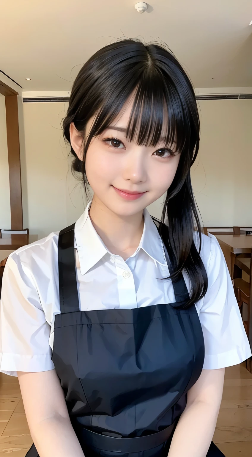 (highest quality,masterpiece:1.3,Ultra-high resolution,),(Very detailed,Caustics),(Realistic:1.4,RAW shooting,)Ultra-Realistic Capture,Very detailed,High resolution 16K human skin closeup。 Natural skin texture、,pores、、、、It must be detailed enough to be easily identifiable。 Skin tone is even and healthy looking。 Use natural light and color,restaurant,Waitress Uniform,1 girl,Japanese,18-year-old,cute,Black-haired,ponytail,Big Breasts,smile,Turn your body forward,(Front view:1.1),Looking into the camera,Cowboy Shot,