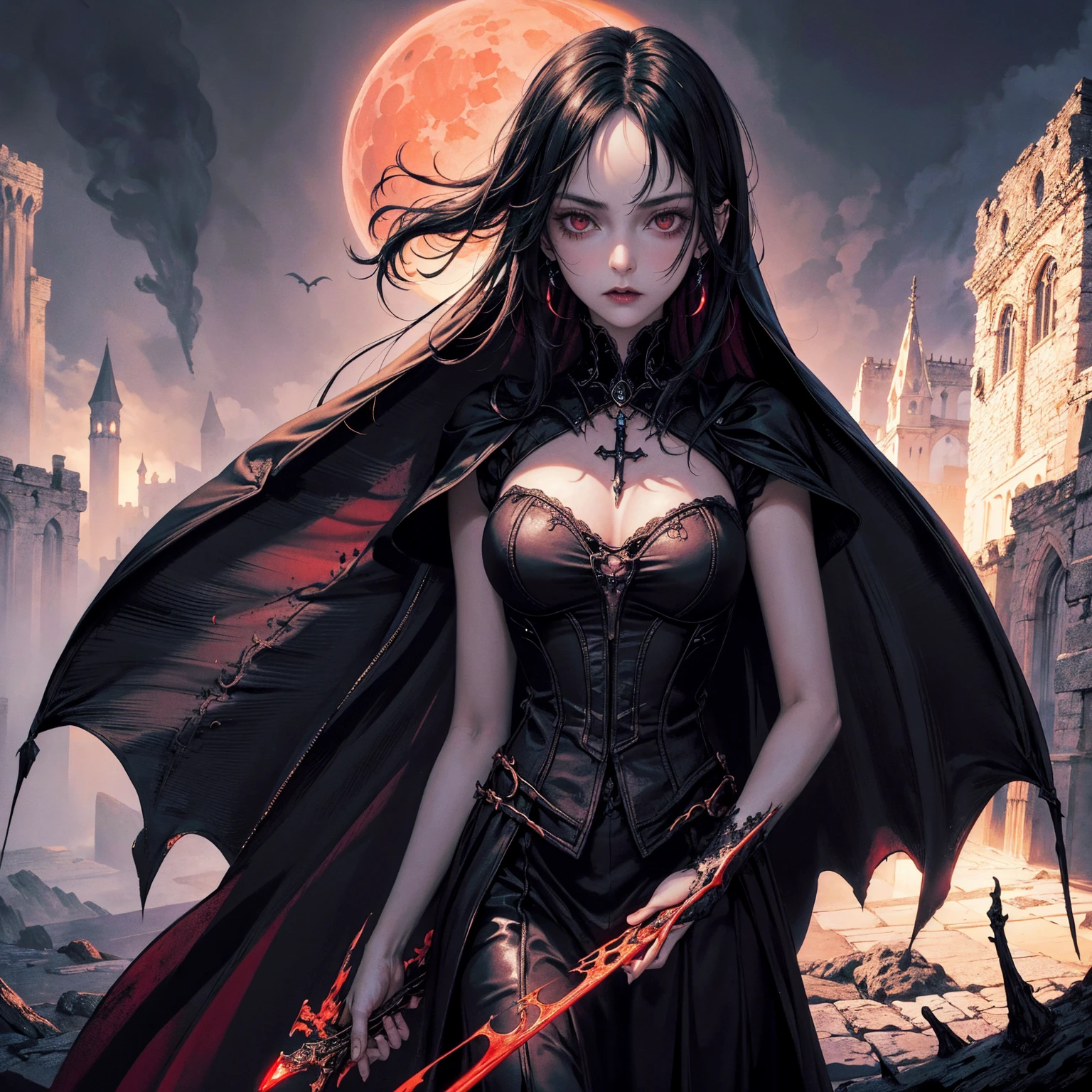 best quality, 4k, high resolution, masterpiece:1.2, Very detailed, actual:1.37, Mood lighting, Girl in a long cape, Wearing a tight gothic skirt that shows a little skin above the chest, Dangerous sneer, Black Hair, Standing, Face facing the camera, Crucified, Pitch black sky, Blood-red moon, strange atmosphere, Gothic style, Unforgettable beauty, Dramatic shadows, Ethereal Light, Mysterious atmosphere.