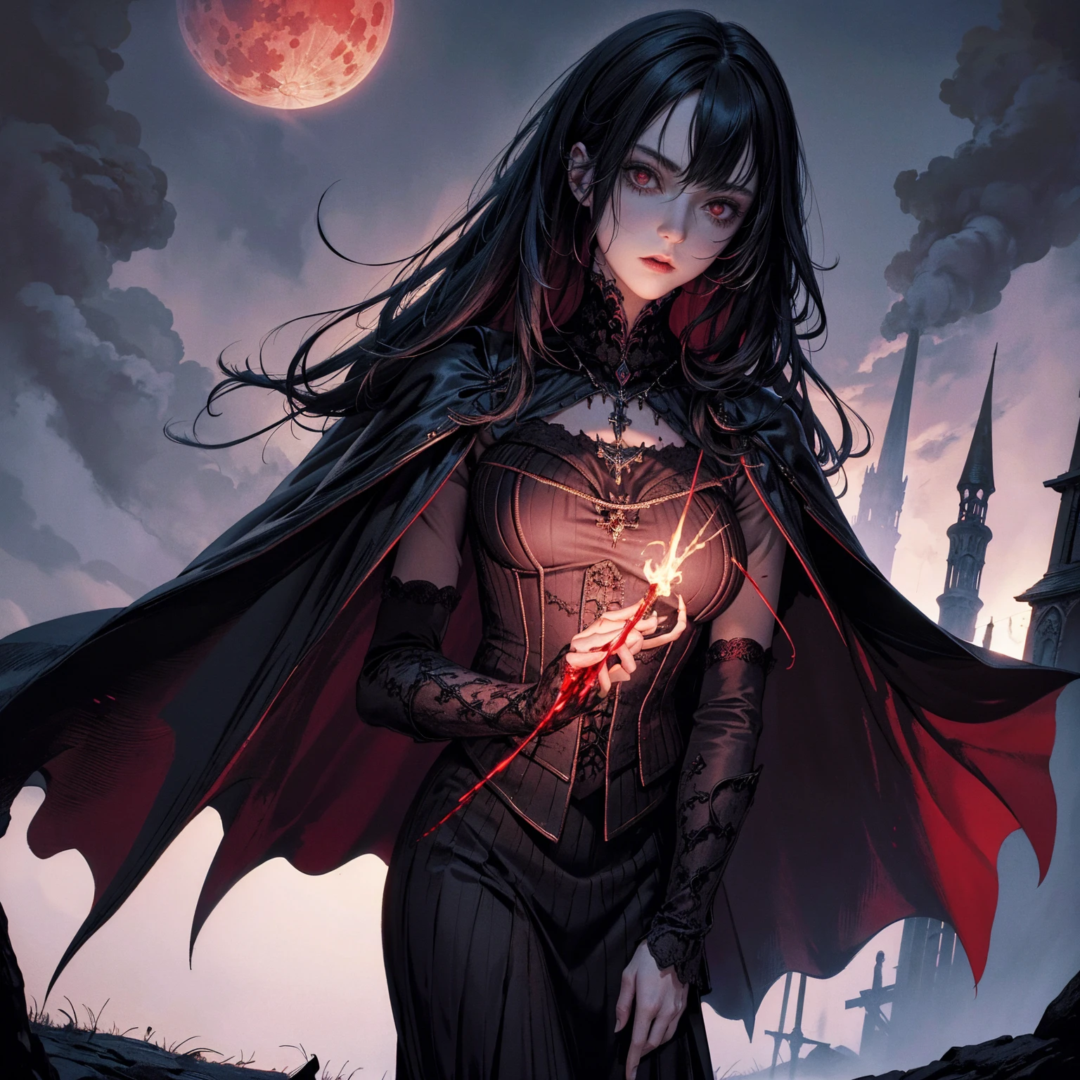 best quality, 4k, high resolution, masterpiece:1.2, Very detailed, actual:1.37, Mood lighting, Girl in a long cape, Wearing a tight gothic skirt that shows a little skin above the chest, Dangerous sneer, Black Hair, Standing, Face facing the camera, Crucified, Pitch black sky, Blood-red moon, strange atmosphere, Gothic style, Unforgettable beauty, Dramatic shadows, Ethereal Light, Mysterious atmosphere.