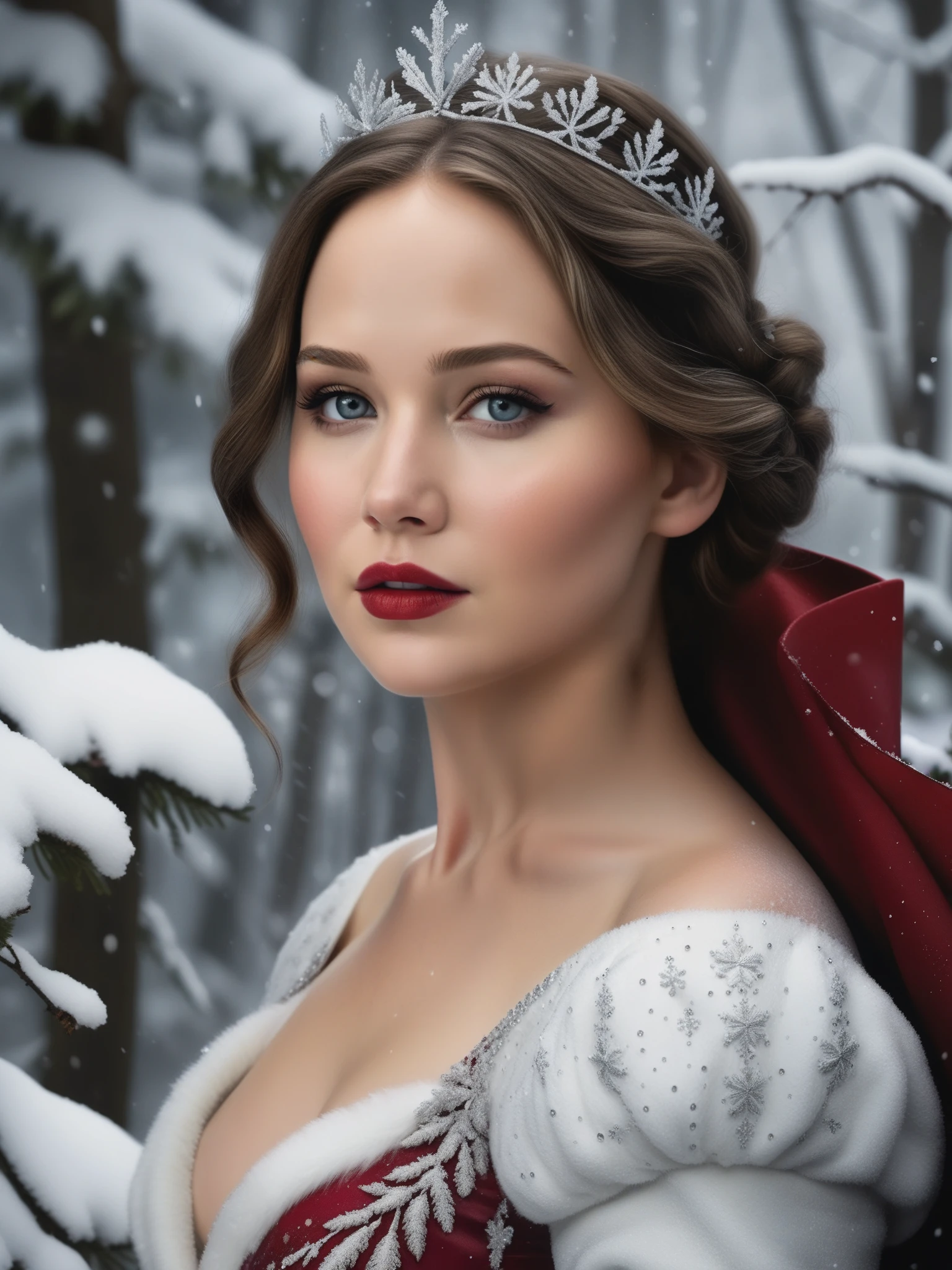 Looks like Jennifer Lawrence, stunning beauty, snow white queen, queen of the snowland, Jennifer Lawrence snow fae princess, eyeliner, beautiful eyes, photo real,  (8k, RAW photo, highest quality), hyper realistic, red ruby gemstone suit, hauntingly beautiful illustrations, fairytale-inspired, winter snow background, blurry background
 lora:add-detail-xl:1> "
 p