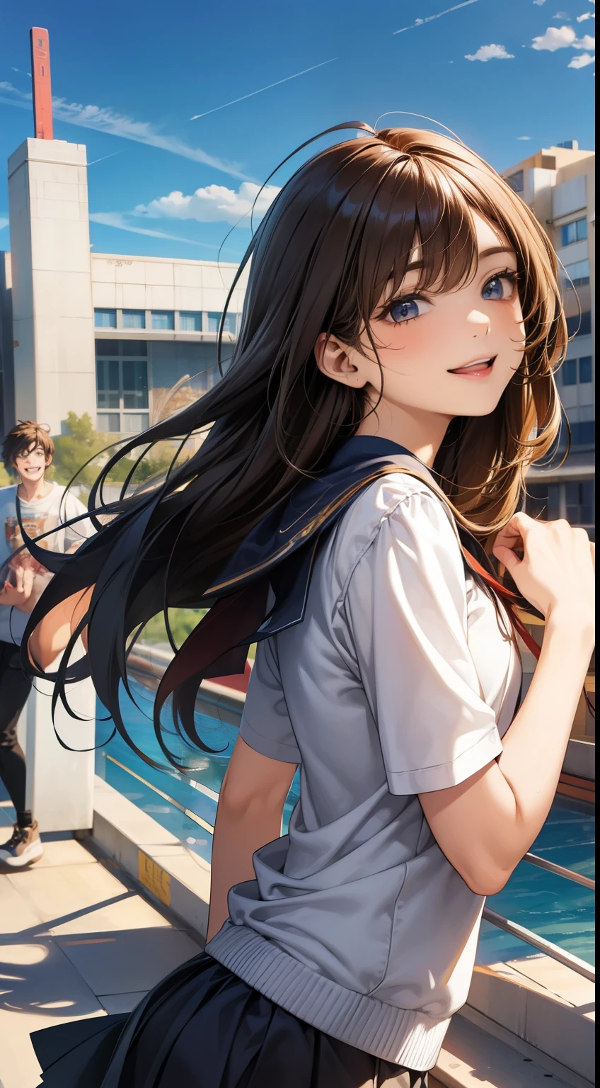 Male and female college students smiling and looking back under the blue sky, reaching out their hands