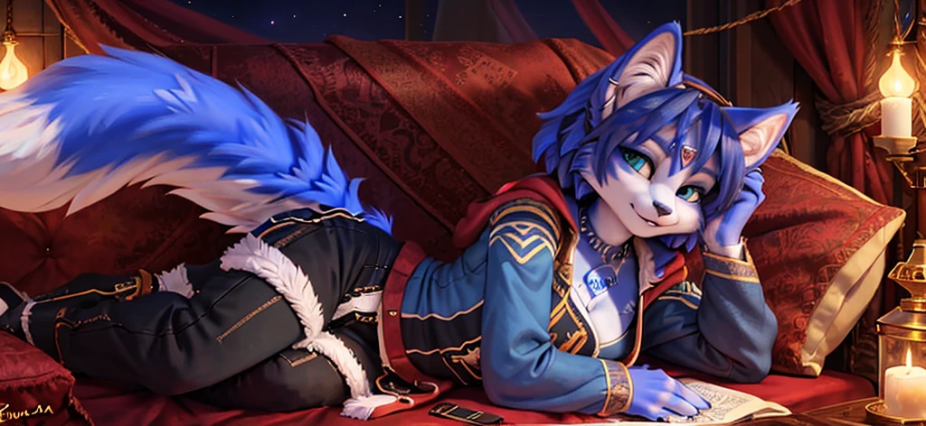 A beautiful and detailed (sweet portrait) von ((Krystal)), Sternenfuchs Krystal, Schlank, liebenswert, green eyes, medium breasts, (((Lange blaue Haare 1.3))), ((schwarze haarspitzen)), Dekollete, Grinsen, hoch schauen,, anthro, Pelzig, Hochgeladen E621, detailed flauschige fur, (von Fluff-Kevlar, Bayard Wu, Personalami, Pino Daeni), detailliertes Gesicht, (flauschige), 1 girl, Allein, Stammes-Kleidung, sweet girl, solo, wears a mages robe