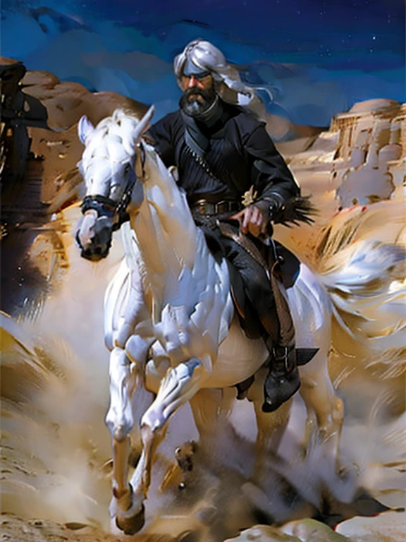 (full body:1.4). (hyper-realistic illustration:1.2). ((western:1.3)), (wild west).1870s, American Southwest desert. A middle aged man riding a white horse. The man has long (silver hair), piercing blue eyes, mustache, beard, wearing an eyepatch over his left eye, black cowboy hat, all black clothing. Stoic, dignified, ((masculine)).