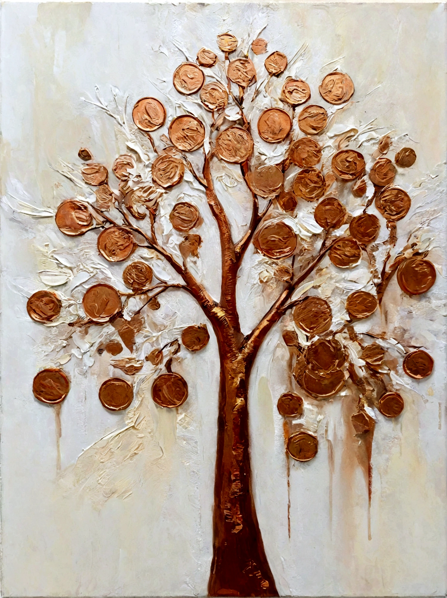 Gilded，Copper Coins，money tree，vanilla，bright，White background，vanilla，cream，whiskey，Abstract Art，emotion，emotion，Thick textured paint, 