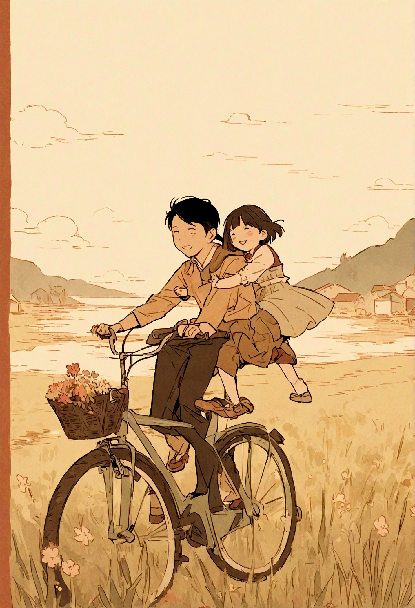 Young Chinese dad riding a bicycle, carrying a cute girl, riding in the field, full of smiles,beautiful spring scene, poster graphic design,flat illustration,warm color,zhang minmei's style,delicate details,high quality