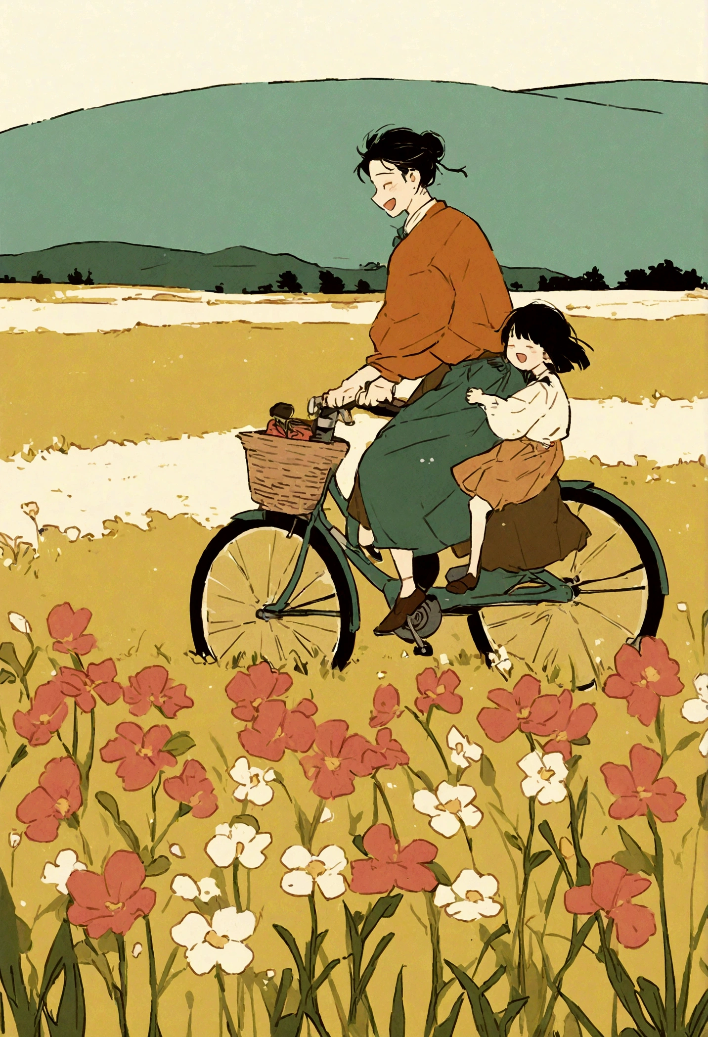 Young Chinese dad riding a bicycle, carrying a cute girl, riding in the field, full of smiles,beautiful spring scene, poster graphic design,flat illustration,warm color,zhang minmei's style,delicate details,high quality