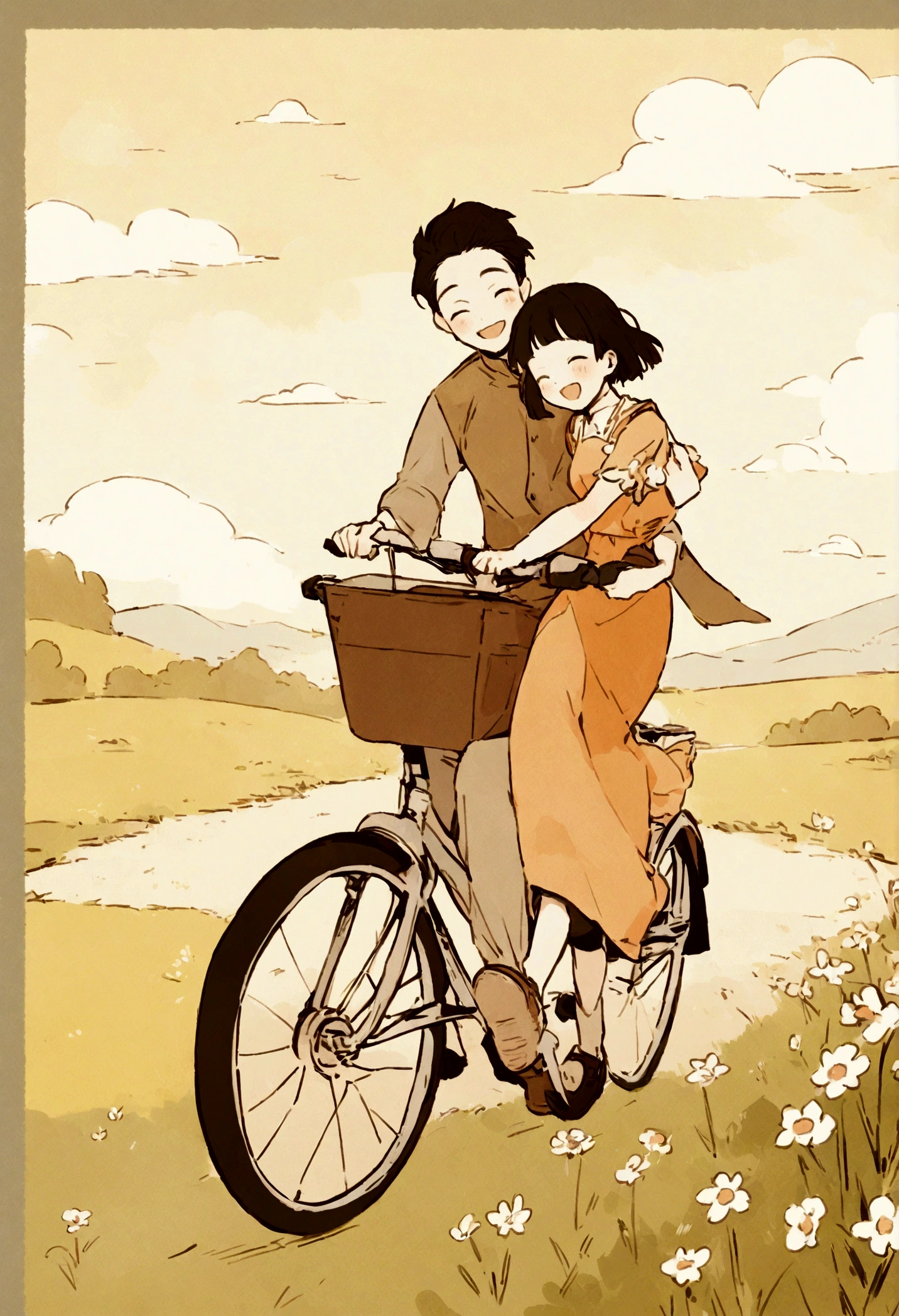 Young Chinese dad riding a bicycle, carrying a cute girl, riding in the field, full of smiles,beautiful spring scene, poster graphic design,flat illustration,warm color,zhang minmei's style,delicate details,high quality