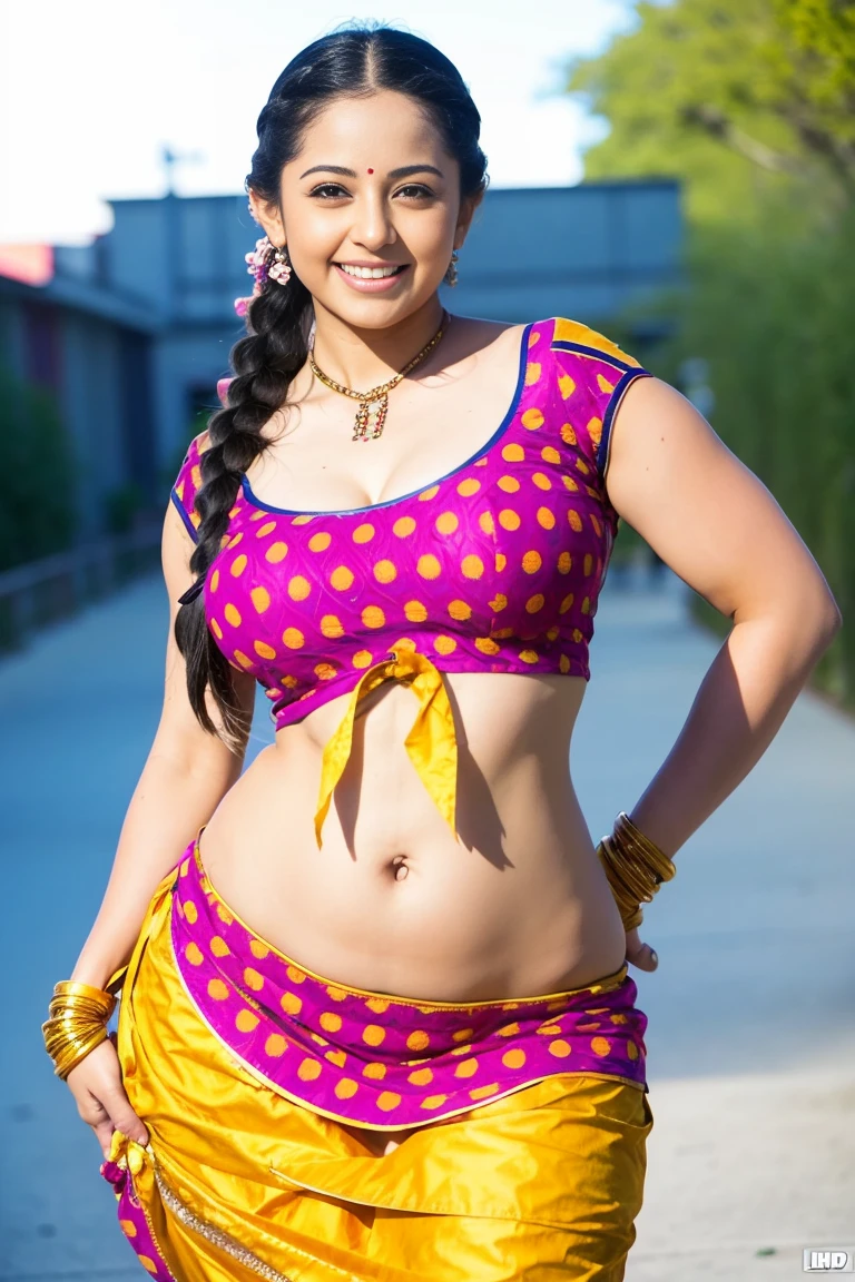 HD wallpaper 32k cinematic shoot of a Beautiful cute girl, with thick thighs and a curvy waist, twin braids, wearing an Indian blouse top, horny, seductively, in a school corridor, dotted blouse top, smiling, ((long curvy waist)), ((lowwaist)), ((curvy waist))