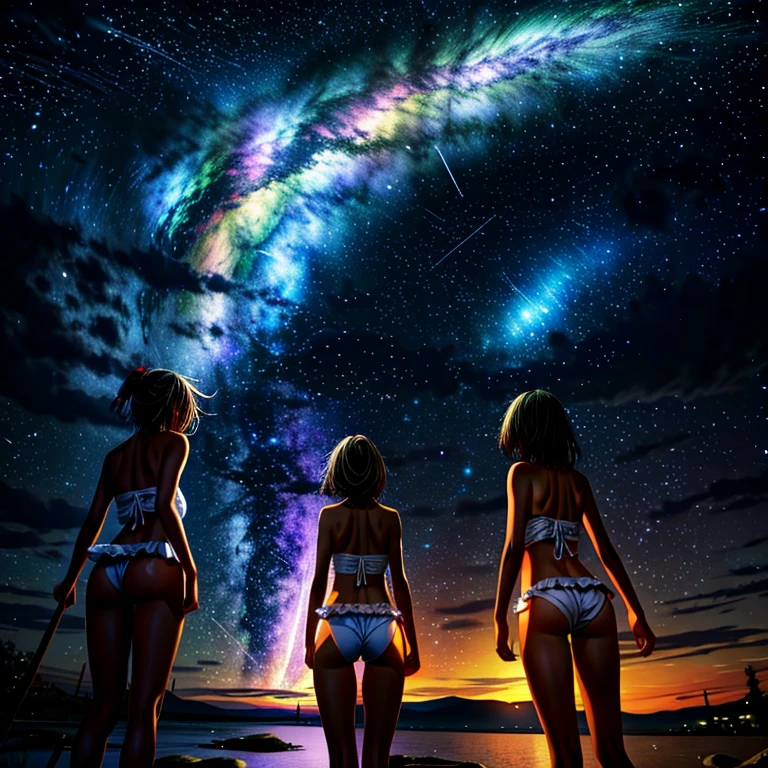 4girls in WHITE Fundoshi, distant girls has FineSkin staring at the stars, (zoomed out:1.3), (Dazzling meteor shower:1.2), (comet:1.1), your name, low angle, from behind, aroura borealis, shooting star, cherry blossoms, standing in a River,best quality, masterpiece,  cloud,colorful, starry,stars . (Acutance:0.85),(RAW Photo-realistic and Hyper-Realism:1.37), at Hakata GionYmakasa,  Rainbow colors