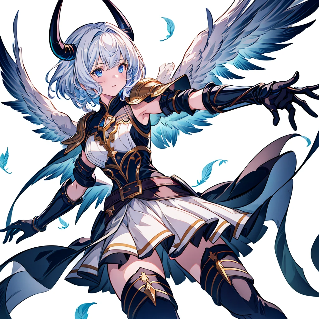 highest quality、最高masterpiece、Dynamic composition、(((One girl))),One girl, alone, Milky white short hair, Magic wand, wing, Black background, sword, Knee socks, Holding, skirt, hair ornaments, gloves, boots, horn, feathered wing, Holding 武器, feather, Two-Way, black skirt, blue eyes, black gloves, Milky hair, whole body, belt, Exposing shoulders, thigh boots, Holding sword, elbow gloves, Gauntlet, [(White Background:1.5),::5] (Isoscale:1.0), Double Exposure, bubble,
Mid Shot, whole body,masterpiece, highest quality,(colorful),(Beautifully detailed eyes and face),Cinema Lighting,Highly detailed CG Unity 8k wallpaper